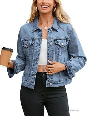 Fitted Denim Jacket with Pockets, Long Sleeve Western Style Coat